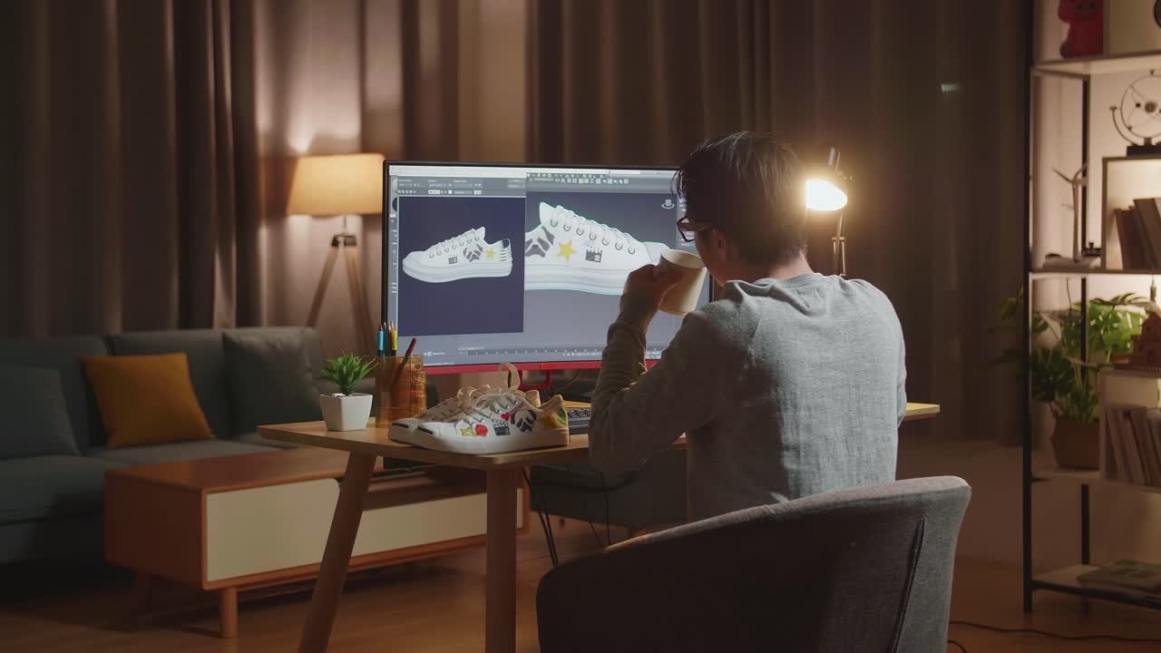 diseñador trabajando en el diseño de zapatos en casa por la noche