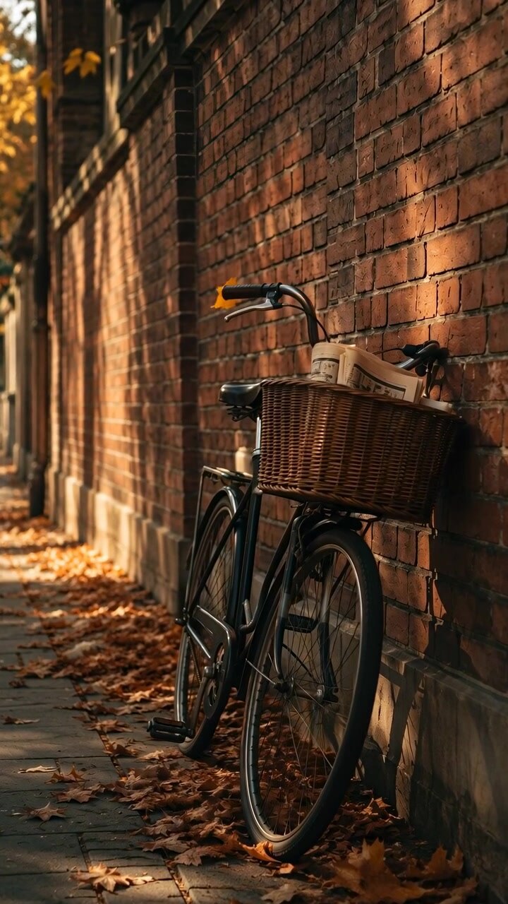 Stationary bicycle with woven wicker basket filled with rolled newspapers and small parcel leans against weathered red brick wall on narrow tree-lined sidewalk scattered with dry autumn leaves