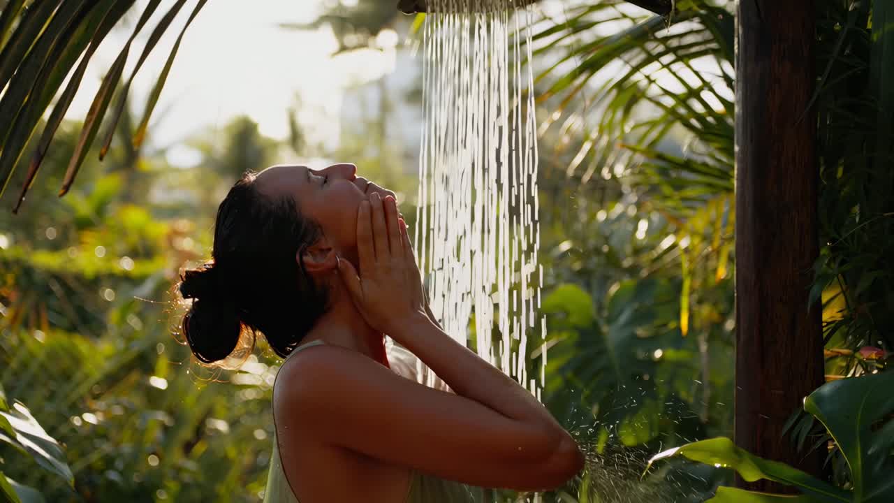 A serene video still of a woman enjoying an outdoor shower, captured from a side angle