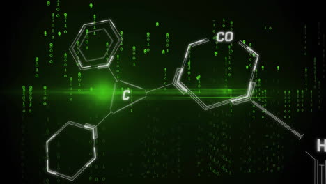 chemical structure and binary code animation over green background