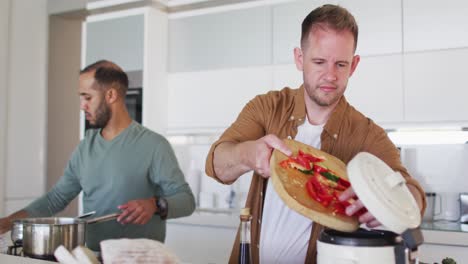 Multi-ethnic-male-same-sex-couple-preparing-food-together-in-kitchen