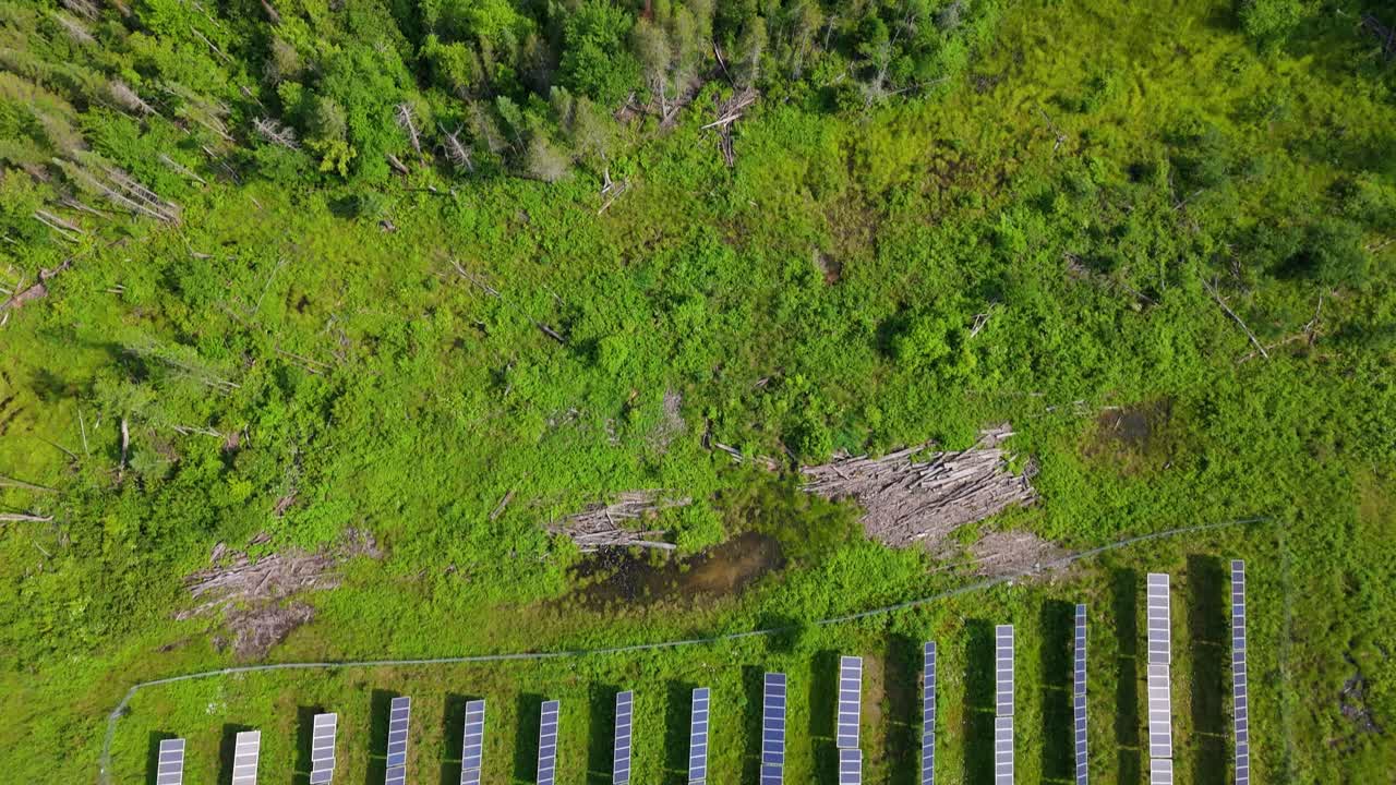 Top Down Birds Eye Aerial Shot Of Panels In A Solar Farm Surrounded By Forest In Muskoka, Canada.