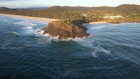 Sunset-At-Norries-Headland-In-New-South-Wales,-Australia---aerial-drone-shot