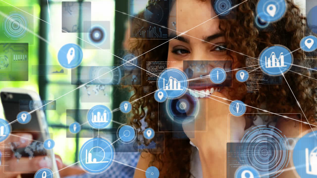 Using smartphone, woman with animation of data processing and location icons