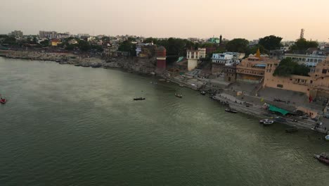 breathtaking aerial capture of banaras, with the sacred ganga river winding through the ancient city.