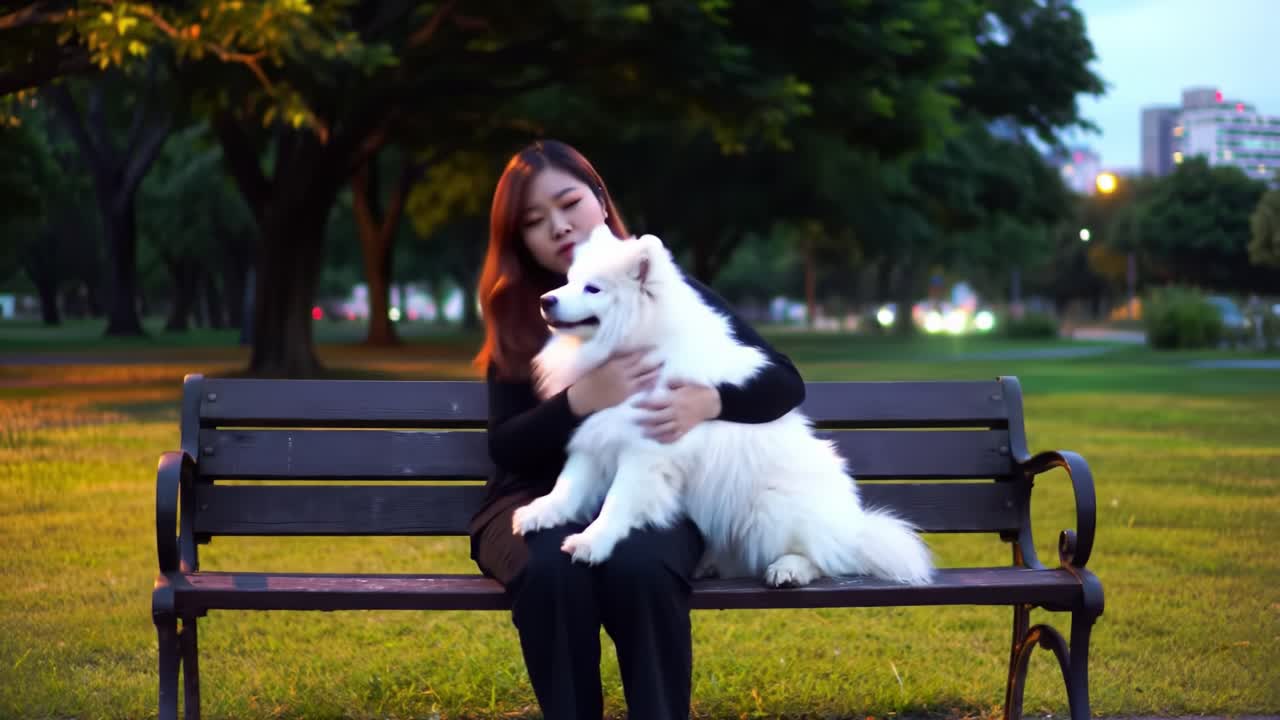 A Heartwarming Scene of a Woman and Her Adorable Samoyed Dog on a Park Bench During Twilight, Captured in Two Frames of Serene Togetherness