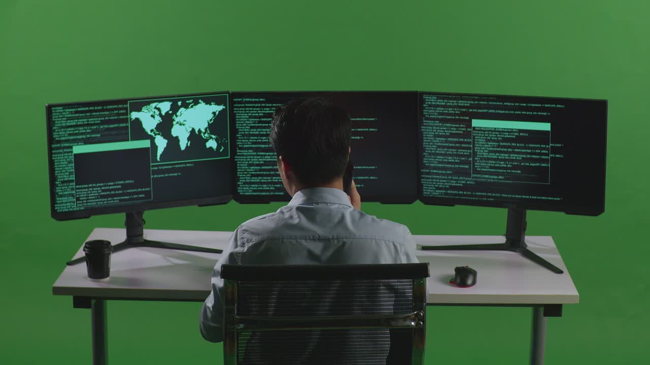 Back View Of Asian Man Developer Talking On Mobile Phone While Write Code With Multiple Computer Screens In Green Screen Studio