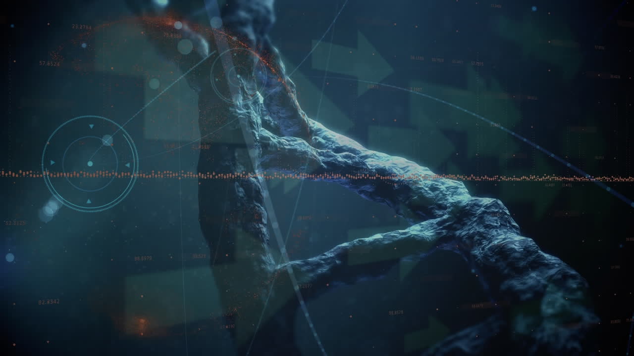 animación digital de la estructura del adn girando sobre múltiples iconos de flecha en fondo azul