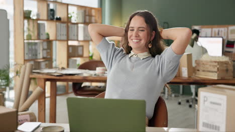 woman relaxing at her desk in a small business office