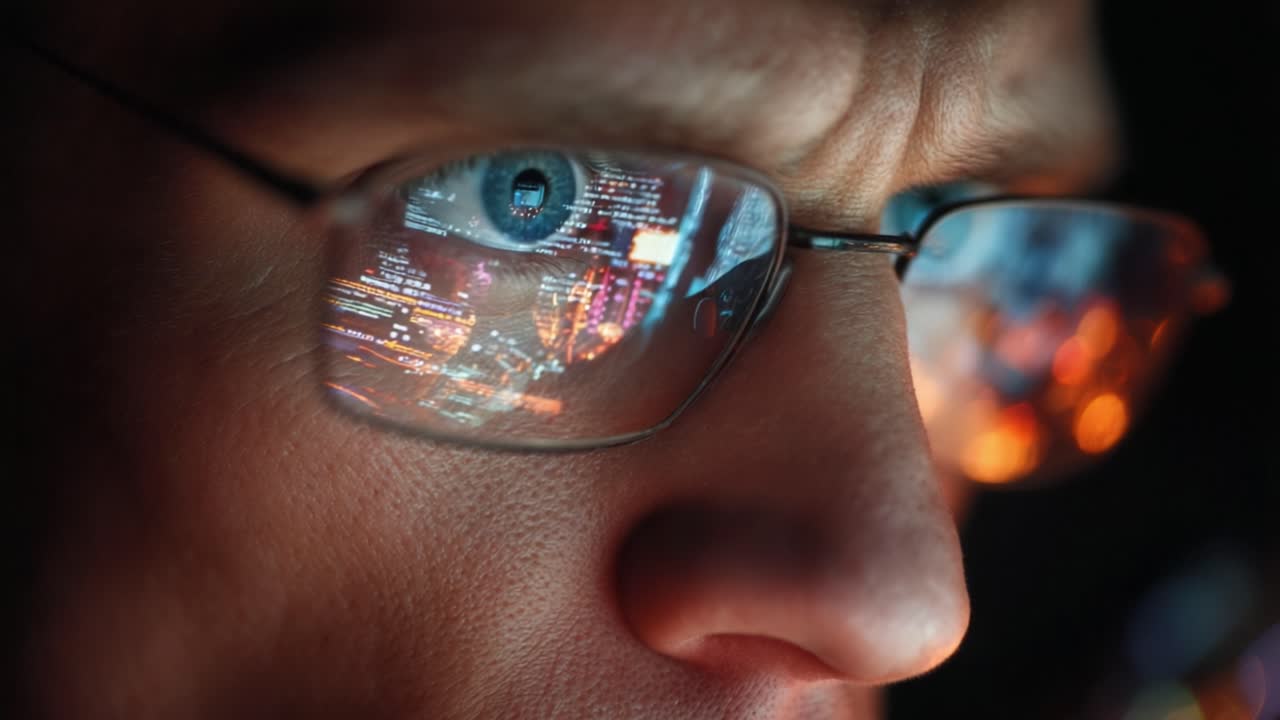 Close-Up of Focused Eyes Reflecting Digital Data in Glasses During Nighttime Work, Showcasing Intense Concentration and Technology Integration