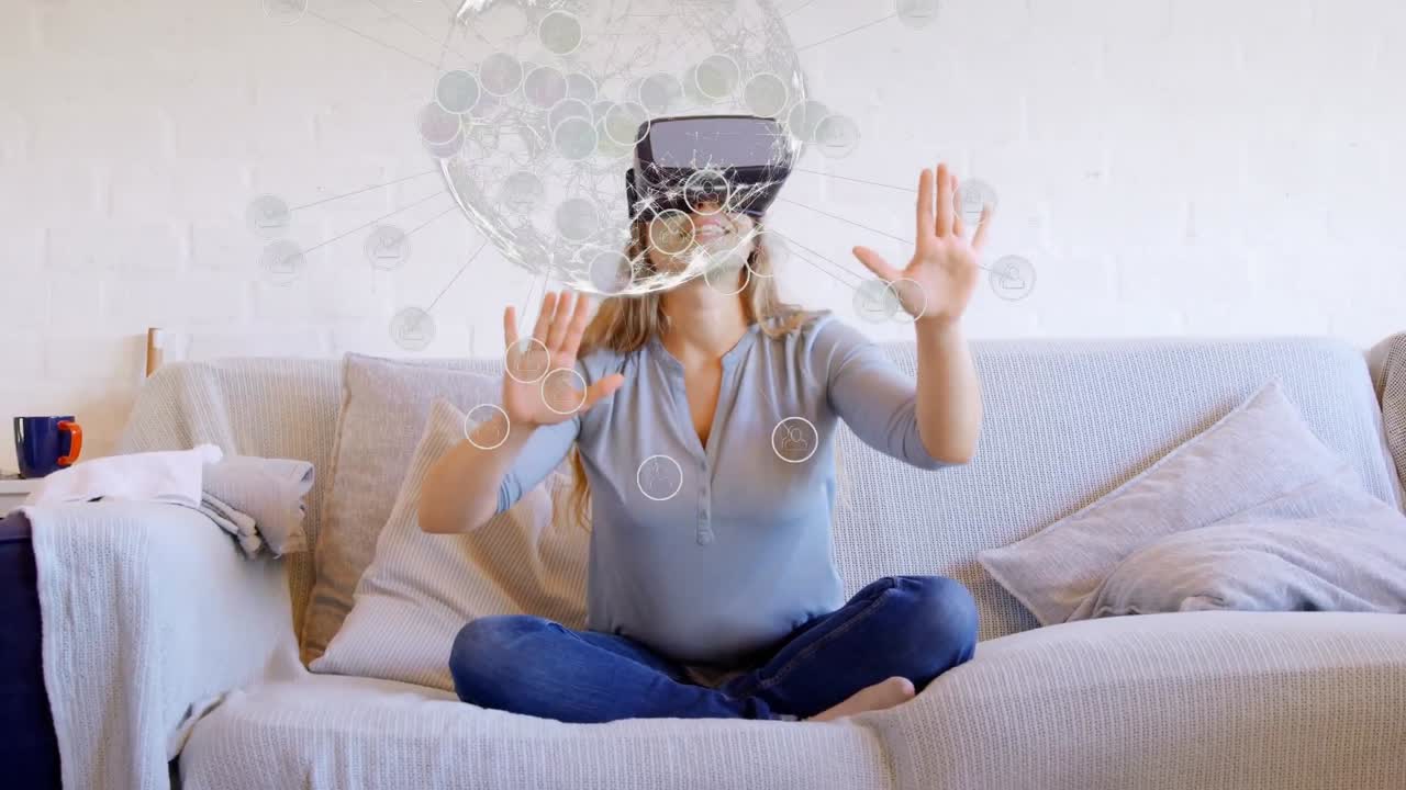 Animation of network of connections, globe and data processing over woman in vr headset