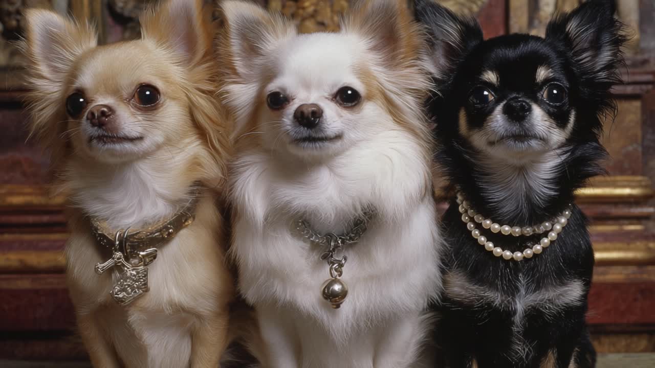 Three Adorable Chihuahuas with Stylish Necklaces Pose Elegantly Against a Beautiful Background, Showcasing Their Unique Personalities and Charm
