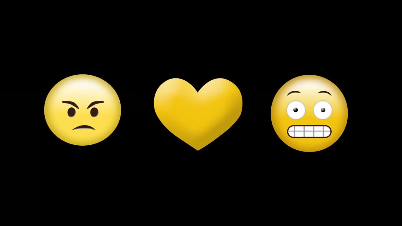 Digital animation of yellow heart icon, sick and grimacing face emojis against black background