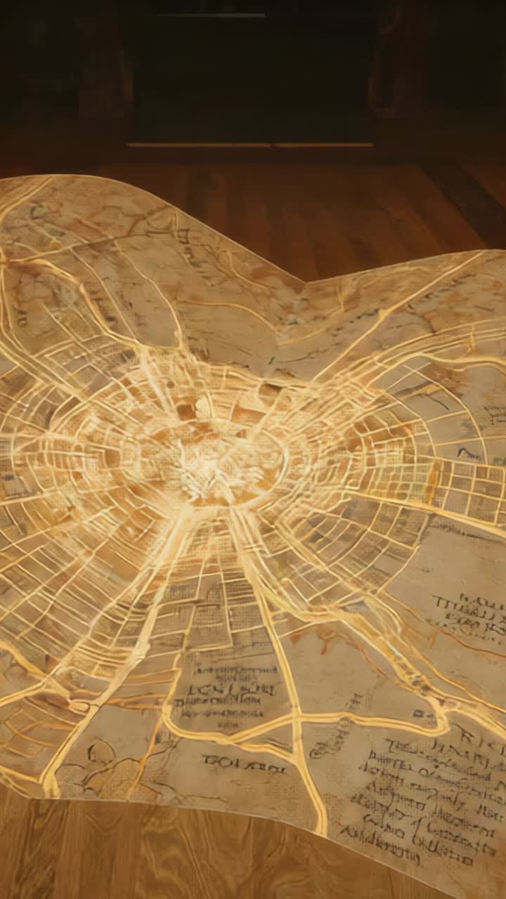 Vertical video: Pulsing ancient map magic-activated on wooden table, forming relief then flattening