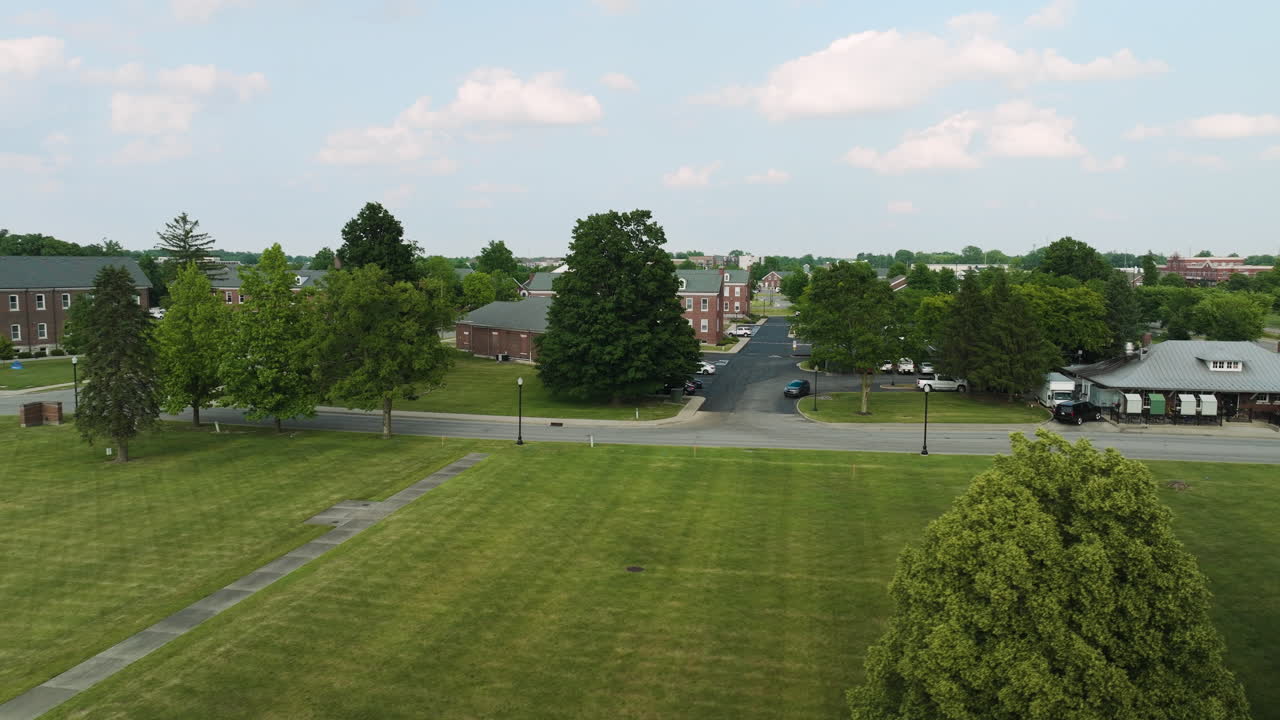 Closeup of church steeple, drone passes to reveal pristine lawn