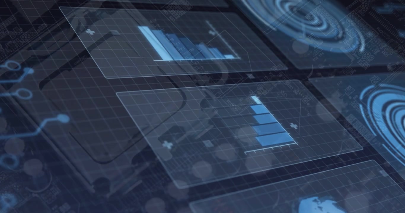 Two translucent holographic panels animating axes then rising blue bar charts to show data trends