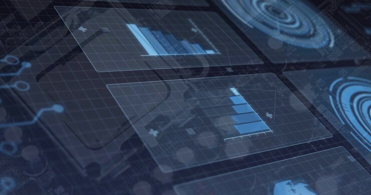 Two translucent holographic panels animating axes then rising blue bar charts to show data trends