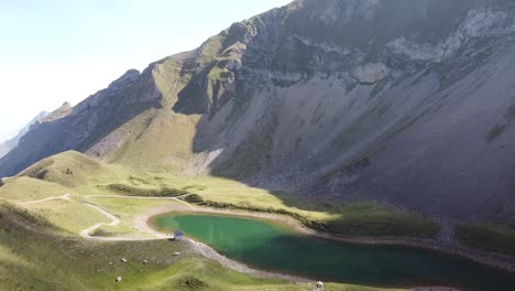 Drone-flies-over-the-deep-green-Ice-lake-called-"Eisee"-in-between-green-meadows-in-the-Swiss-mountains