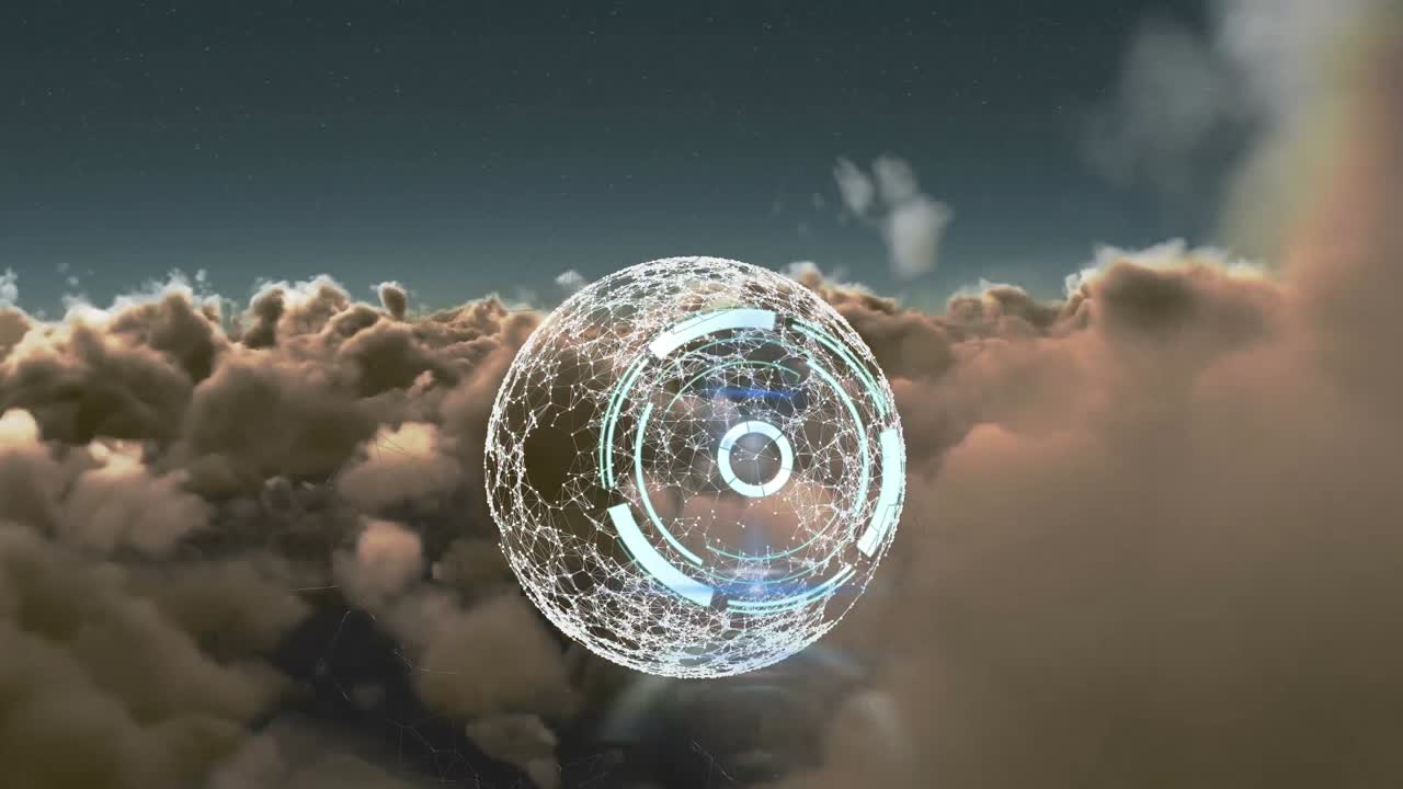 animación del reloj azul y el globo sobre el cielo nublado
