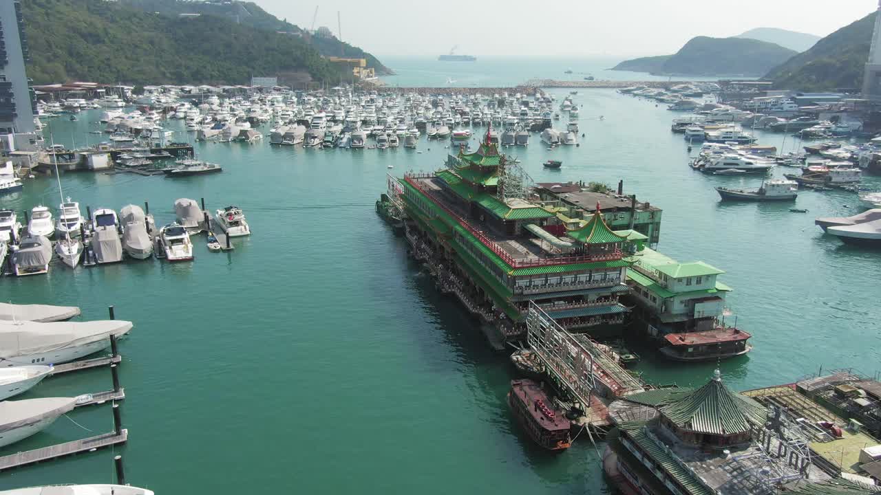 Aerial view of famous Jumbo floating restaurant in Hong Kong Aberdeen Harbour typhoon shelter.