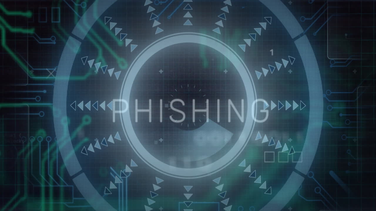 Testo di phishing circondato da animazione futuristica nel concetto di sicurezza digitale