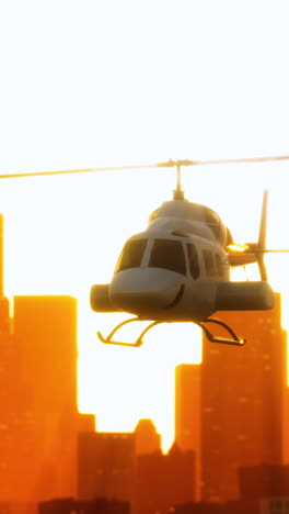 helicopter flying over city at sunset