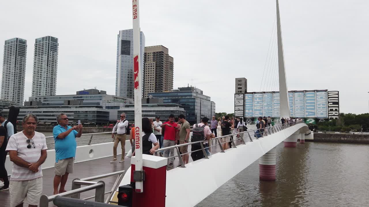 People walking on a modern bridge in Buenos Aires, Argentina