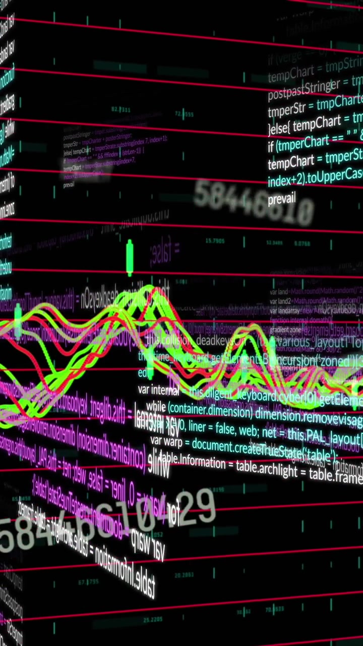 Animación de gráficos multicolores con números cambiantes sobre lenguaje de programación en un fondo negro