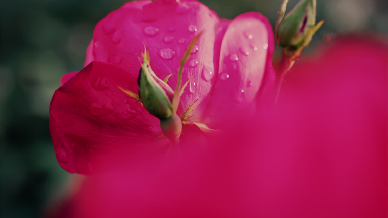Close up of pink roses with water drops in a garden