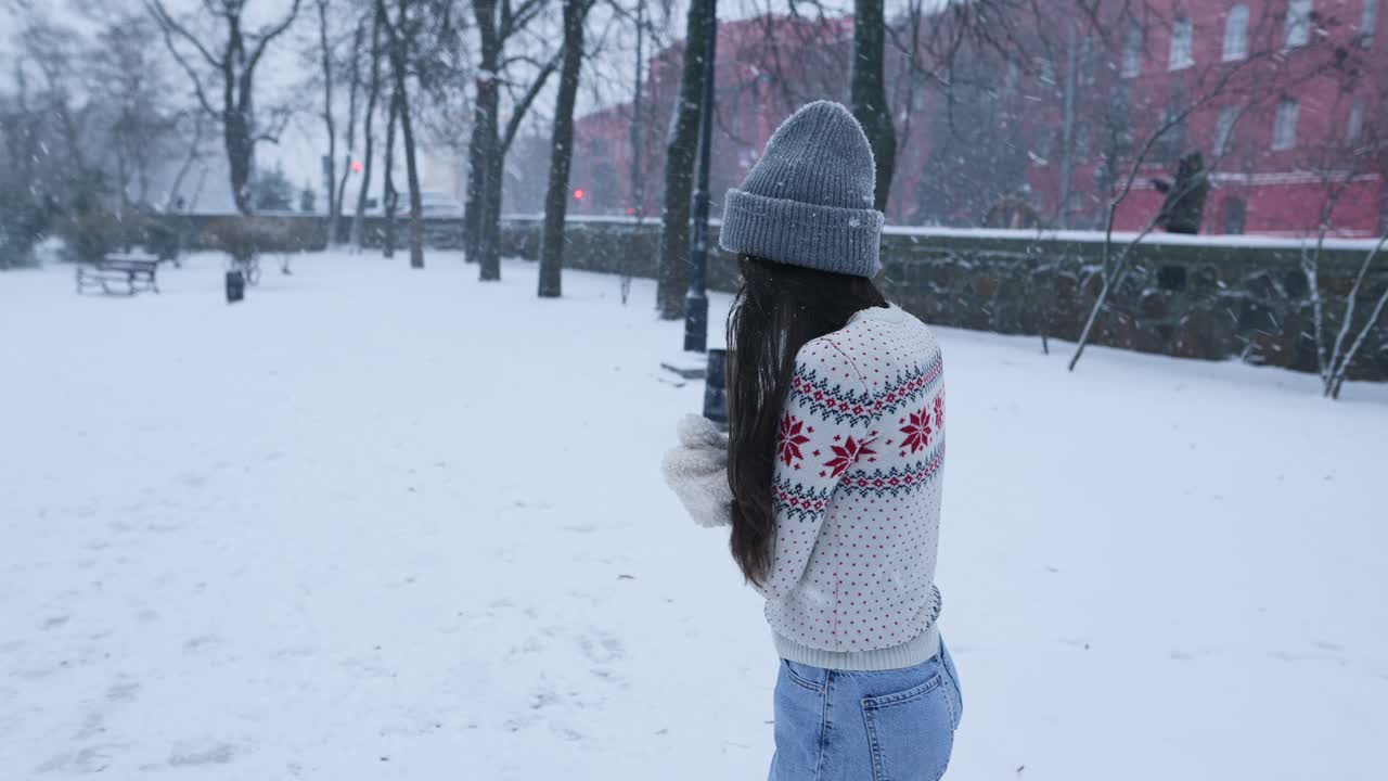 눈이 내리는 동안 겨울 공원 에 있는 여자