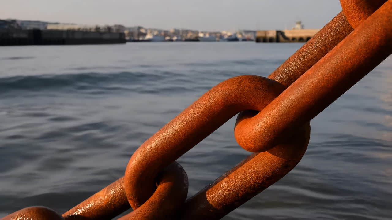 Close-up of a rusty chain with a harbor and water in the background