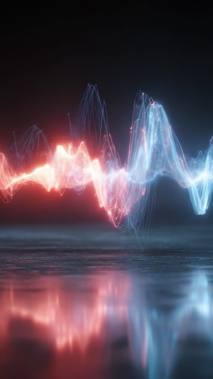 Dynamic Visual Representation of Sound Waves Transitioning from Red to Blue, Highlighting the Contrast Between Vibrations and Frequencies in a Modern Aesthetic