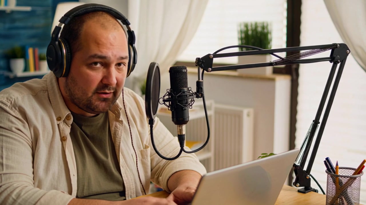 Tager hovedtelefoner på, mand iført beige skjorte, justerer bærbar computer og mikrofon, optager i hjemmestudie