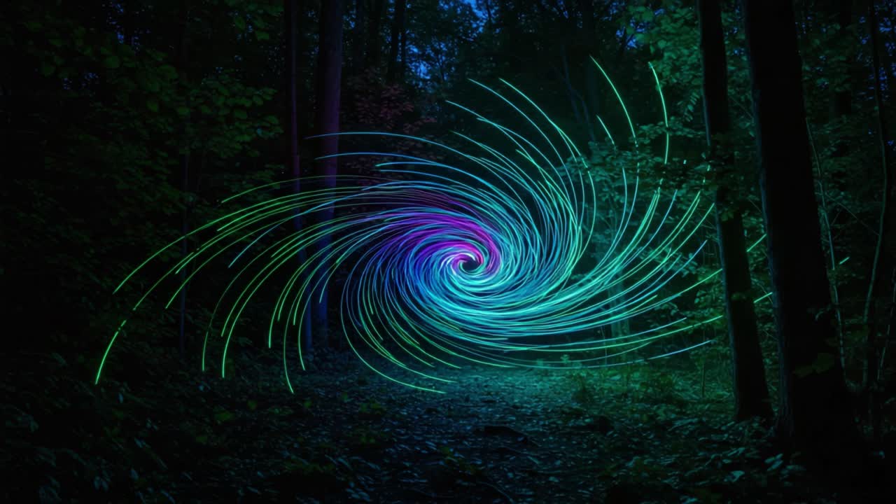 A Stunning Display of Colorful Light Trails Forming a Spiraling Vortex in a Majestic Forest at Dusk, Capturing the Essence of Nature's Beauty and Mystique