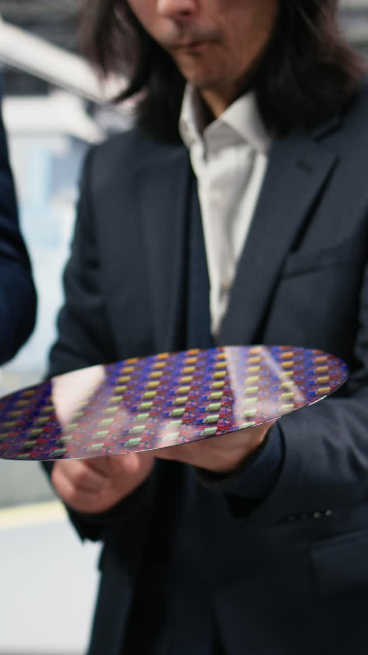 Vertical video Microchip factory senior manager testing silicon wafer batches with tablet