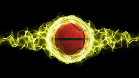 basket ball in yellow flames abstract particles ring, loop, 4k