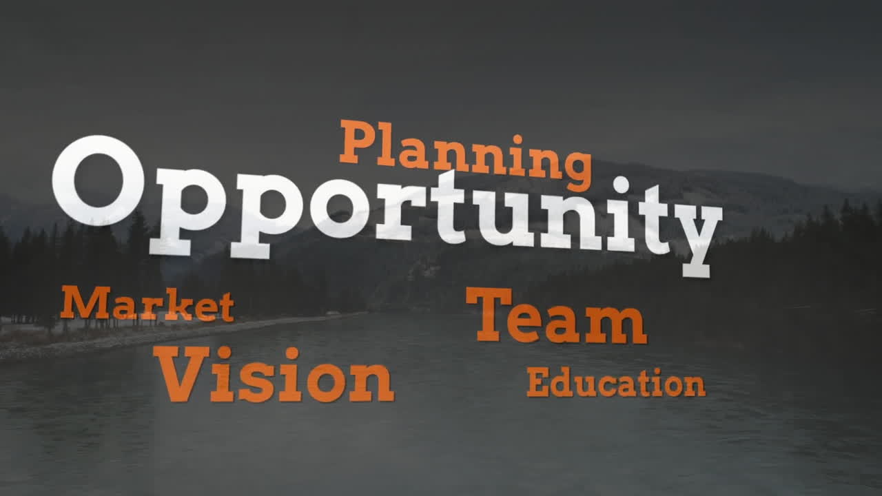 Animation of words Opportunity and Planning floating over scenic lake and mountains