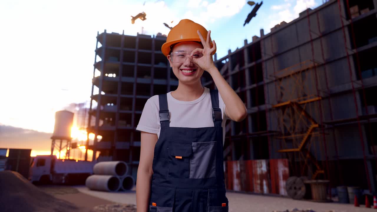 Asian Woman Worker Wearing Goggles And Safety Helmet Smiling And Showing Okay Gesture To Camera While Standing At Construction Site