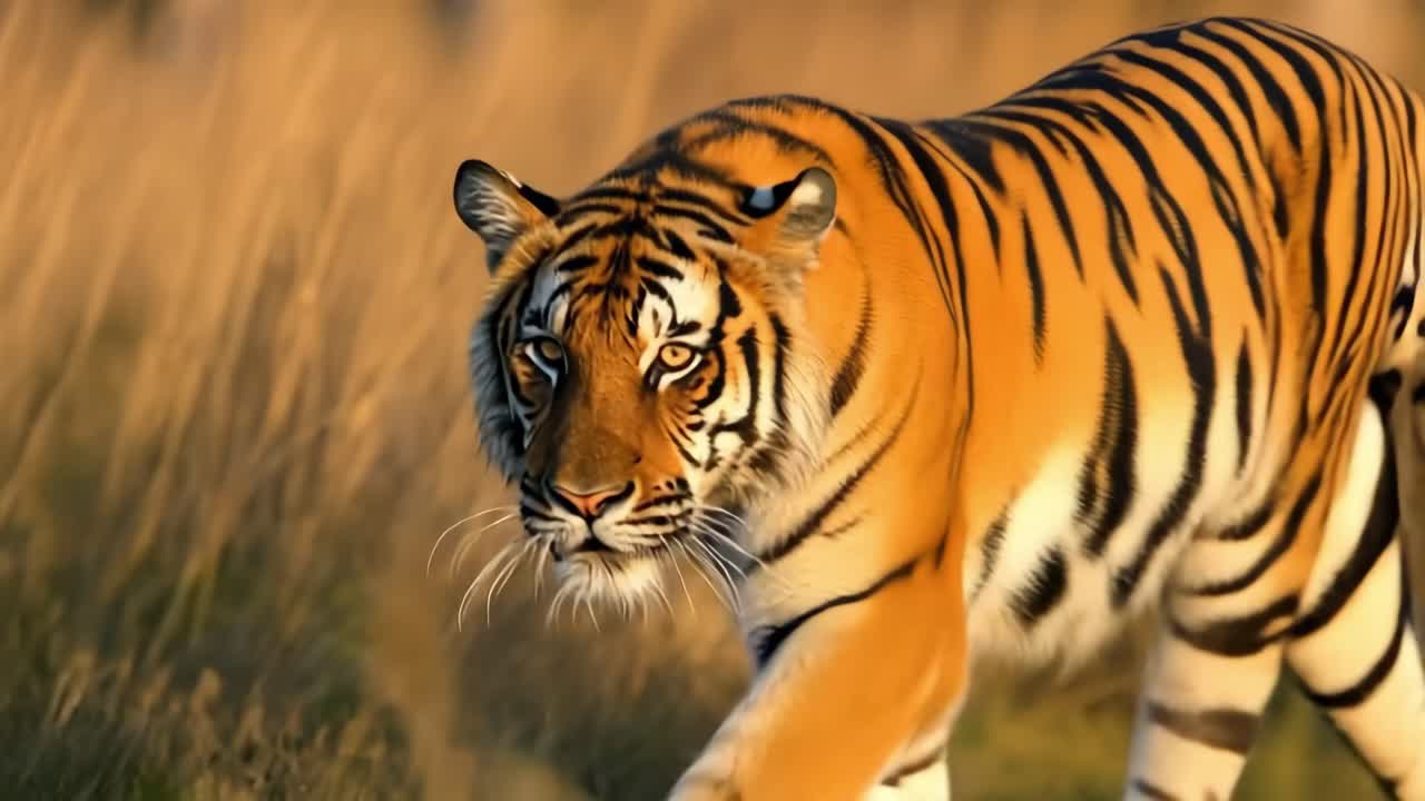 Golden sunlight bathing powerful tiger prowling through tall grass, highlighting muscular stripes and penetrating gaze of majestic predator moving within natural wildlife habitat