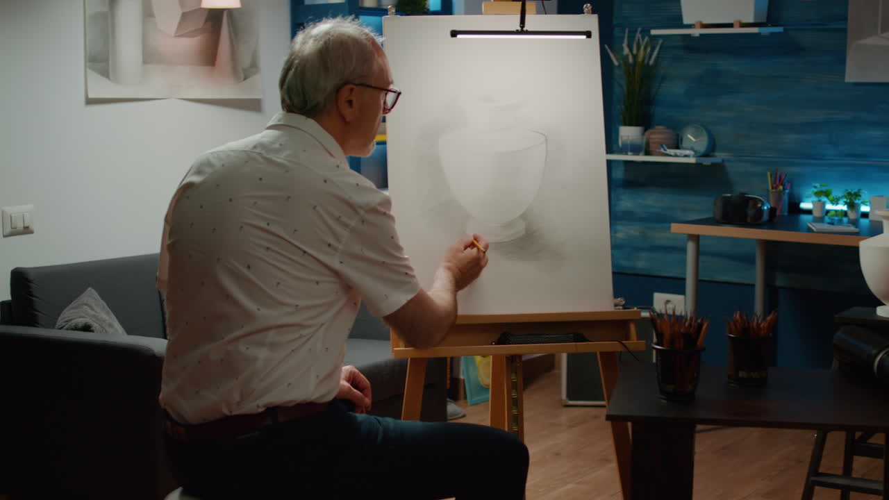 Senior artist using pencils to draw artwork of vase model