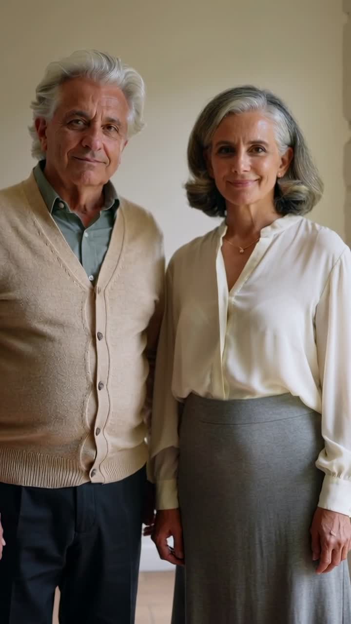 Vídeo vertical: casal de idosos de cardigã abrindo os olhos e sorrindo durante a gravação de retrato em casa