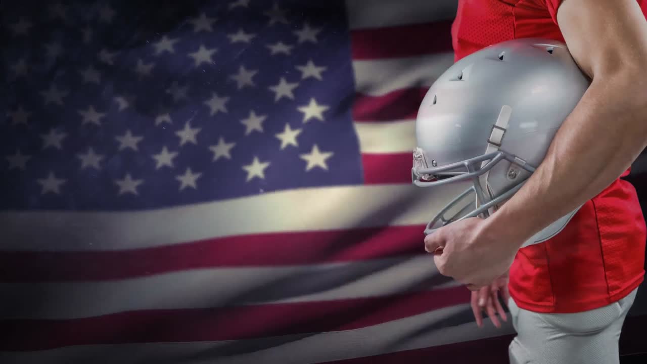 animación digital de un jugador de rugby con casco de pie contra la bandera estadounidense 4k