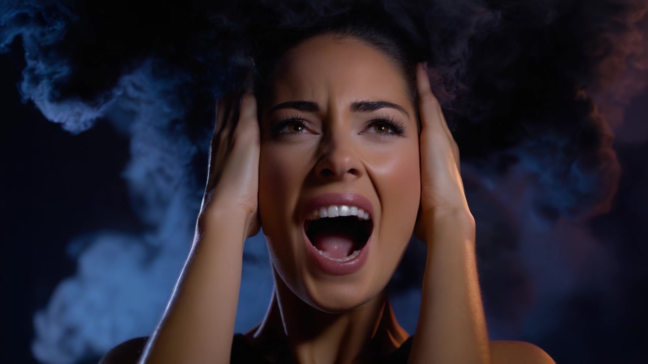 A Woman Expresses Intense Emotions While Grasping Her Head Surrounded by Dramatic Smoke in a Captivating Cinematic Scene of Despair and Turmoil