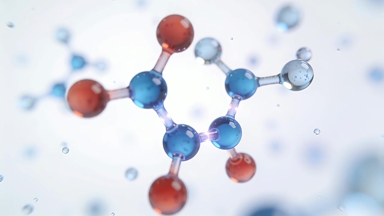 Orbiting camera revealing rotating stylized molecular cluster in virtual studio, highlighting bonds