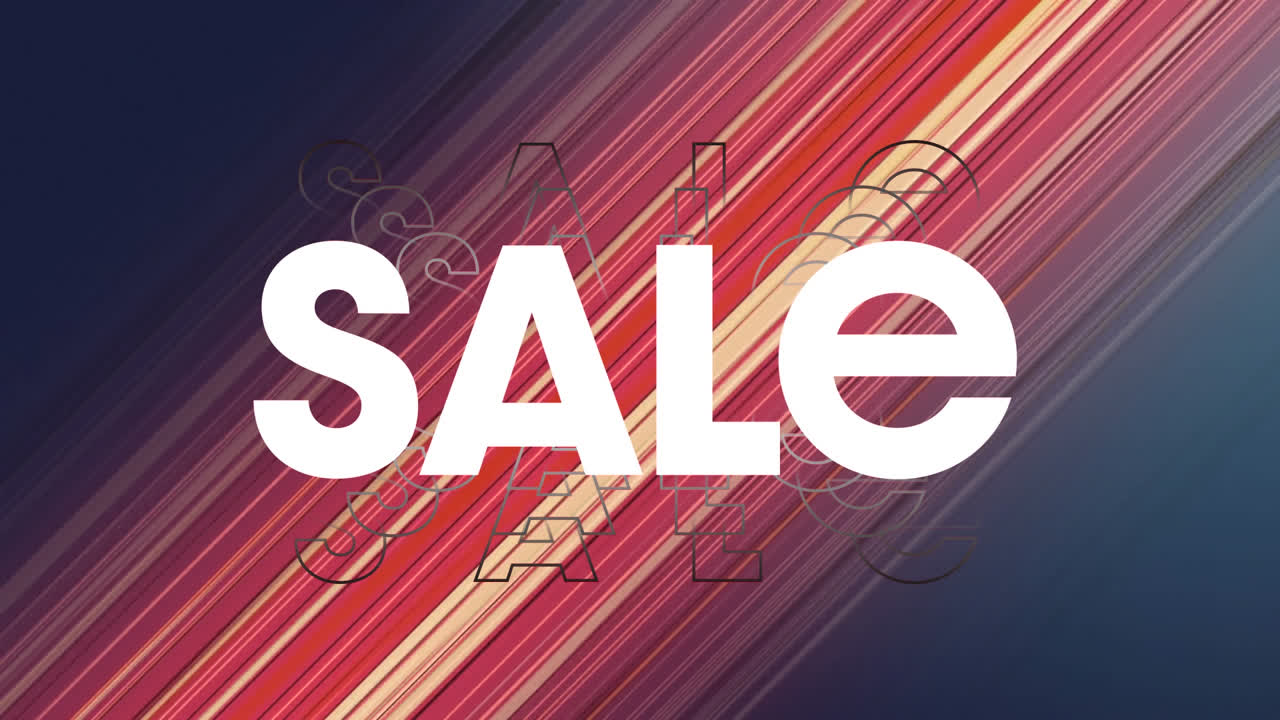 animación del texto de venta sobre rayas rojas en movimiento sobre fondo negro