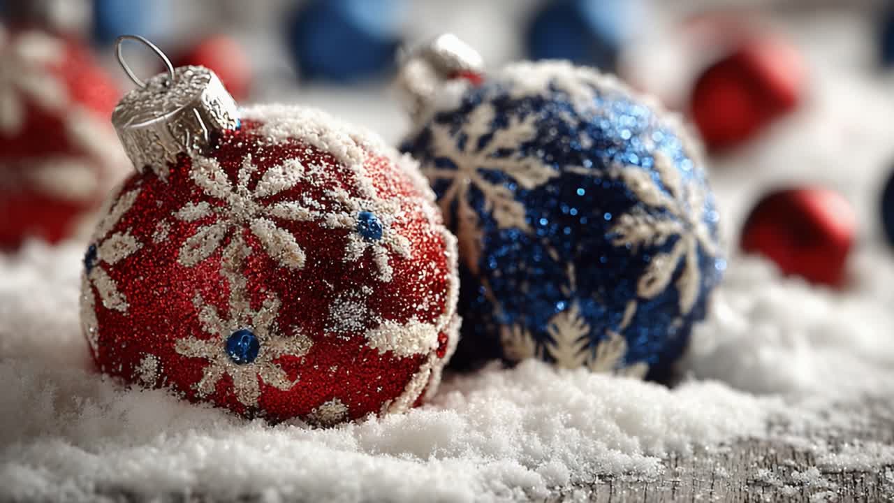 A Festive Display of Red and Blue Christmas Ornaments Adorned with Snowflakes on a Snowy Surface, Capturing the Spirit of the Holiday Season
