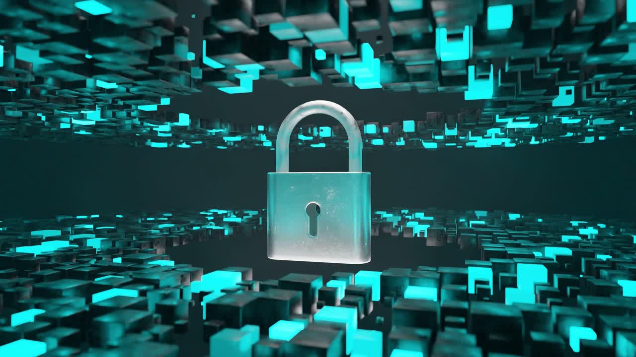 Metallic padlock floating in digital 3D environment made of abstract glowing cubes. Cybersecurity and data protection concept. Design for banner, poster, wallpaper. Futuristic isometric view.