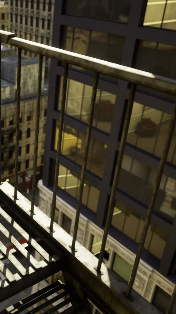 Vista desde una escalera de emergencia en un edificio urbano al final de la tarde.