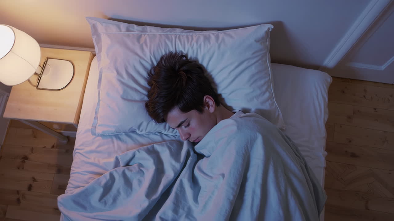 Young person sleeping peacefully in bed at night