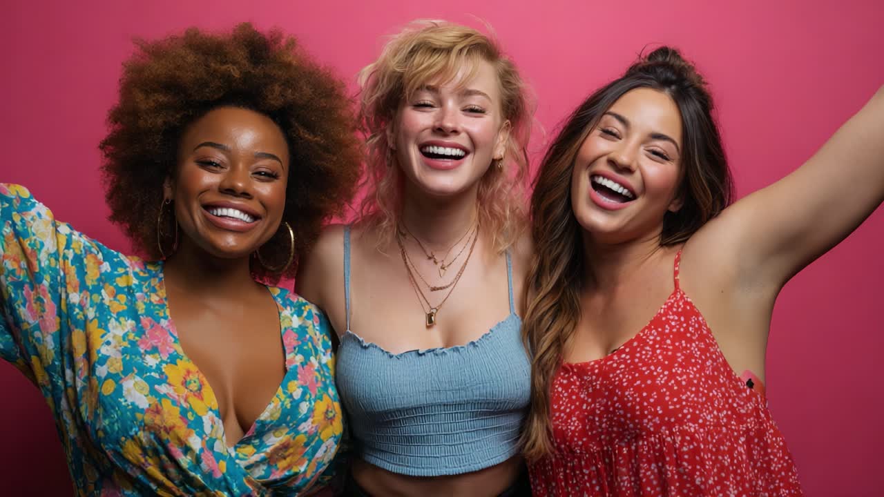 A joyful and vibrant portrait featuring three diverse women, showcasing their friendship and happiness in a colorful, energetic atmosphere, creating a celebratory mood against a bright pink backdrop
